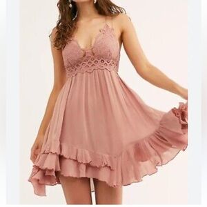 Free People Adella rose pink slip dress lace asymmetrical mini dress Size M